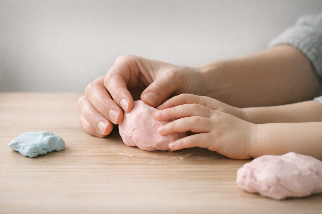 [light] Til mission/værdier: symbolsk billede af nærvær og kreativitet—hænder der former noget sammen. En rolig, varm stemning der kan bære en kort værditekst.