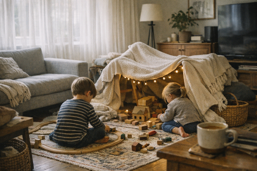 [light] Stemningsbillede: en rolig familiehverdags-scene med leg i stuen og en kop te i baggrunden—nærvær uden perfektion. Bruges som generel brand-atmosfære på tværs af sider.