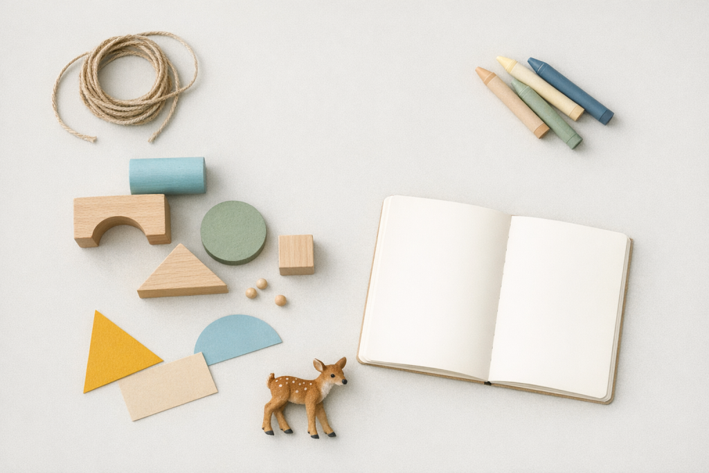 [light] Standard blogheader: et æstetisk ‘flat lay’ af blandede lege- og krea-elementer, der kan passe til mange artikler. Skal være roligt og fleksibelt.