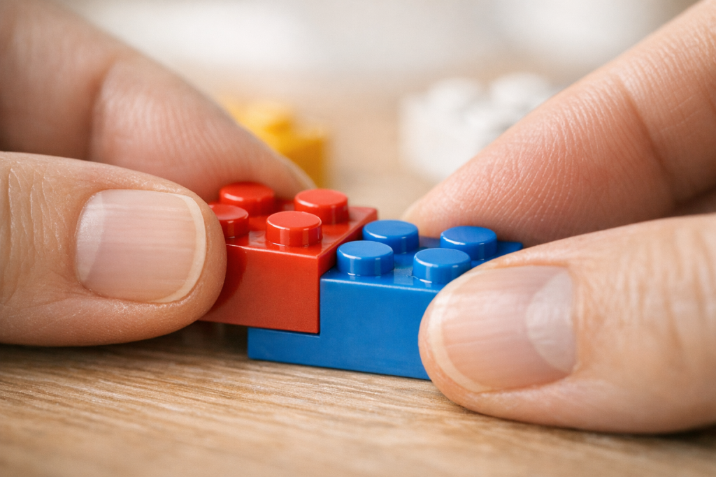 [light] Detaljebillede: tæt på hænder der bygger med klodser/LEGO på et træbord. Bruges til feature-sektioner, der fremhæver konkrete tips og guides.