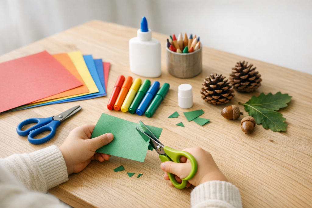 [light] Servicebillede 1: kreativt indendørs aktivitetshjørne med tegning, klip-og-klistre og simple materialer. Bruges til sektion om kreative lege og idébank.