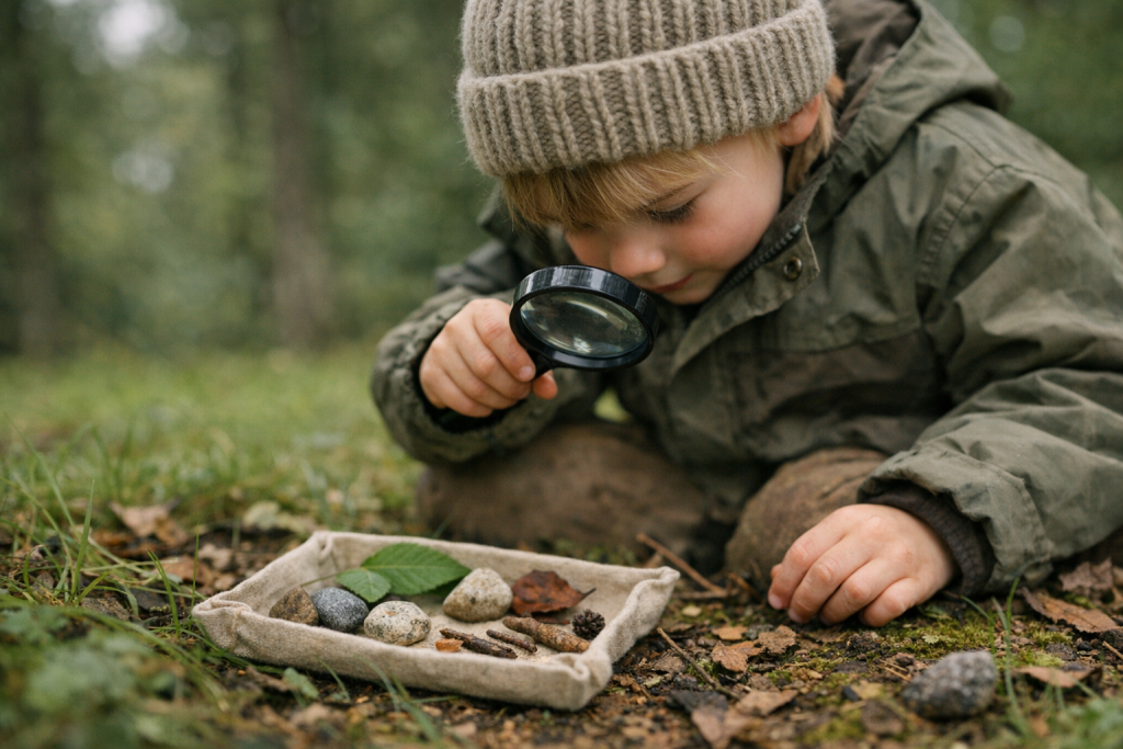 [light] Servicebillede 2: udendørs aktivitet—en enkel skattejagt/naturleg med små fund og forstørrelsesglas. Bruges til indhold om udeleg og bevægelse.