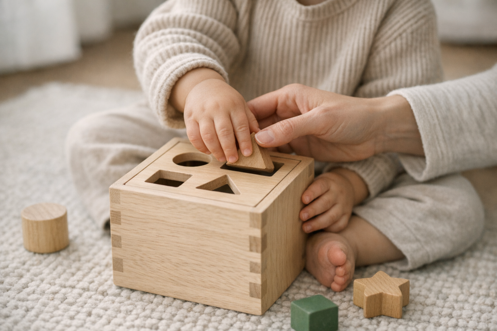 [light] Servicebillede 3: læring gennem leg—et roligt øjeblik med puslespil, klodser eller sorteringsleg. Bruges til guides om udvikling og læring.