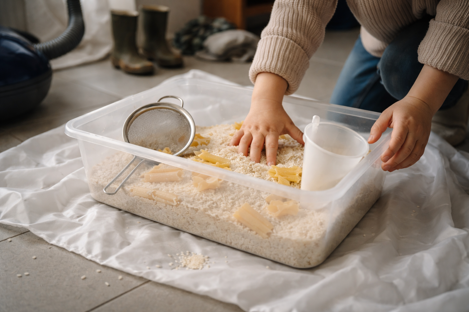 Sanseleg uden panik: ris, pasta og vand på gulvet (næsten) uden rod