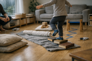 Stuen som mini-legeplads: byg en motorikbane på 10 minutter (uden ekstra udstyr)