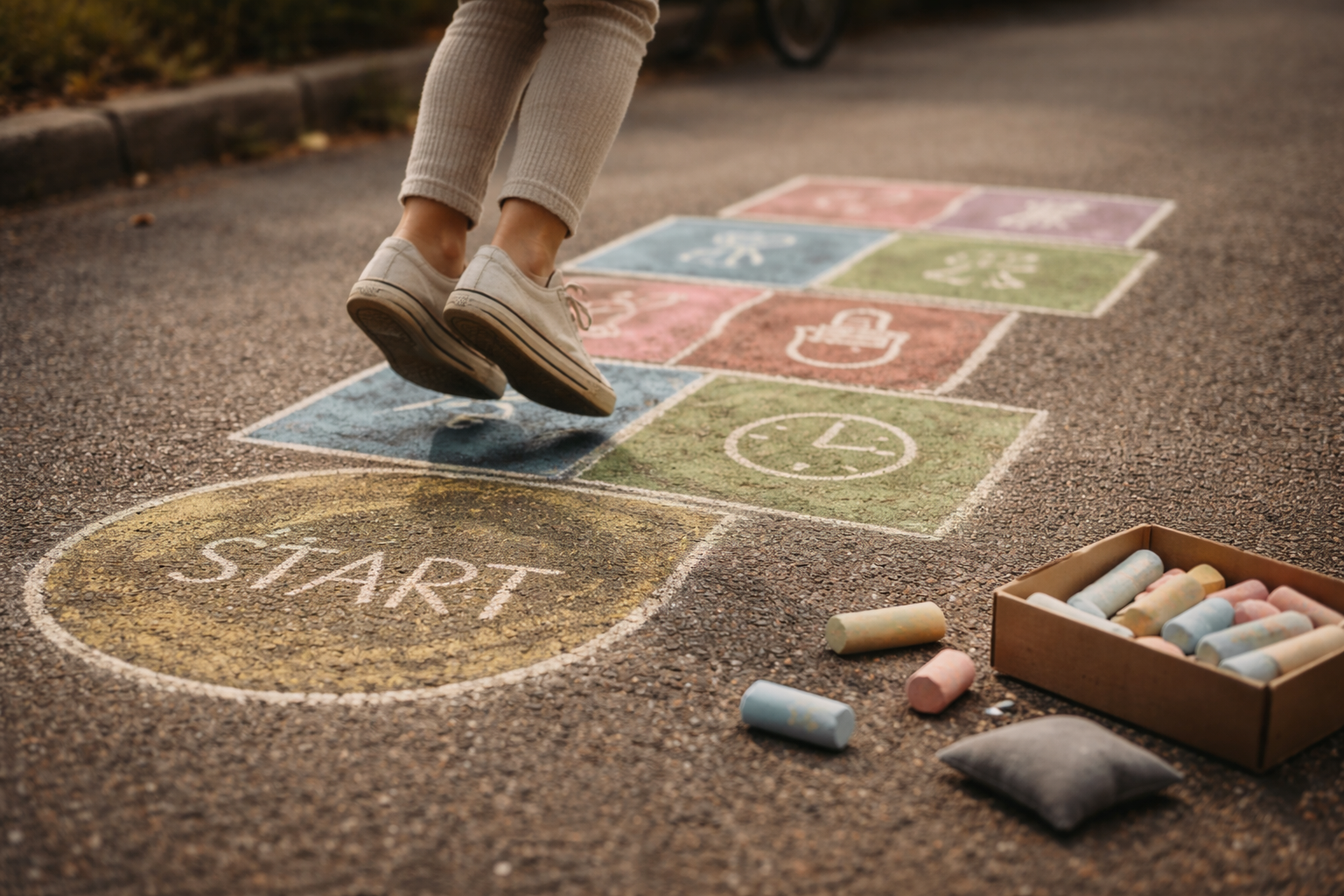Gadekridt på 10 minutter: 22 kridtlege der får børn ud af døren (og ind i legen)